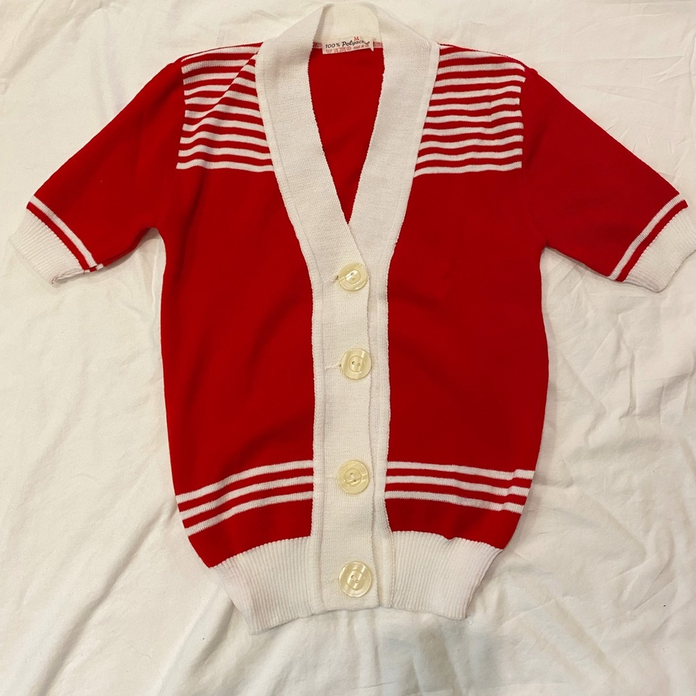 60s/70s Vintage 1960s Red Knit Italian Short Sleeve Sweater Cardigan- S/M